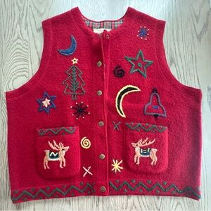 Vintage Telluride Red Wool Christmas Vest with Embroidered Holiday Design